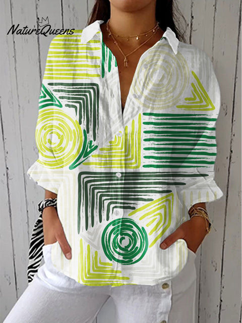Women's Retro Abstract Geometric Texture Art Print Casual Linen V-neck Shirt