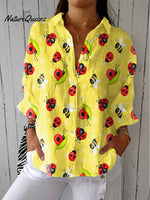 Women's Vintage Abstract Insect Art Print Casual Linen V-neck Shirt