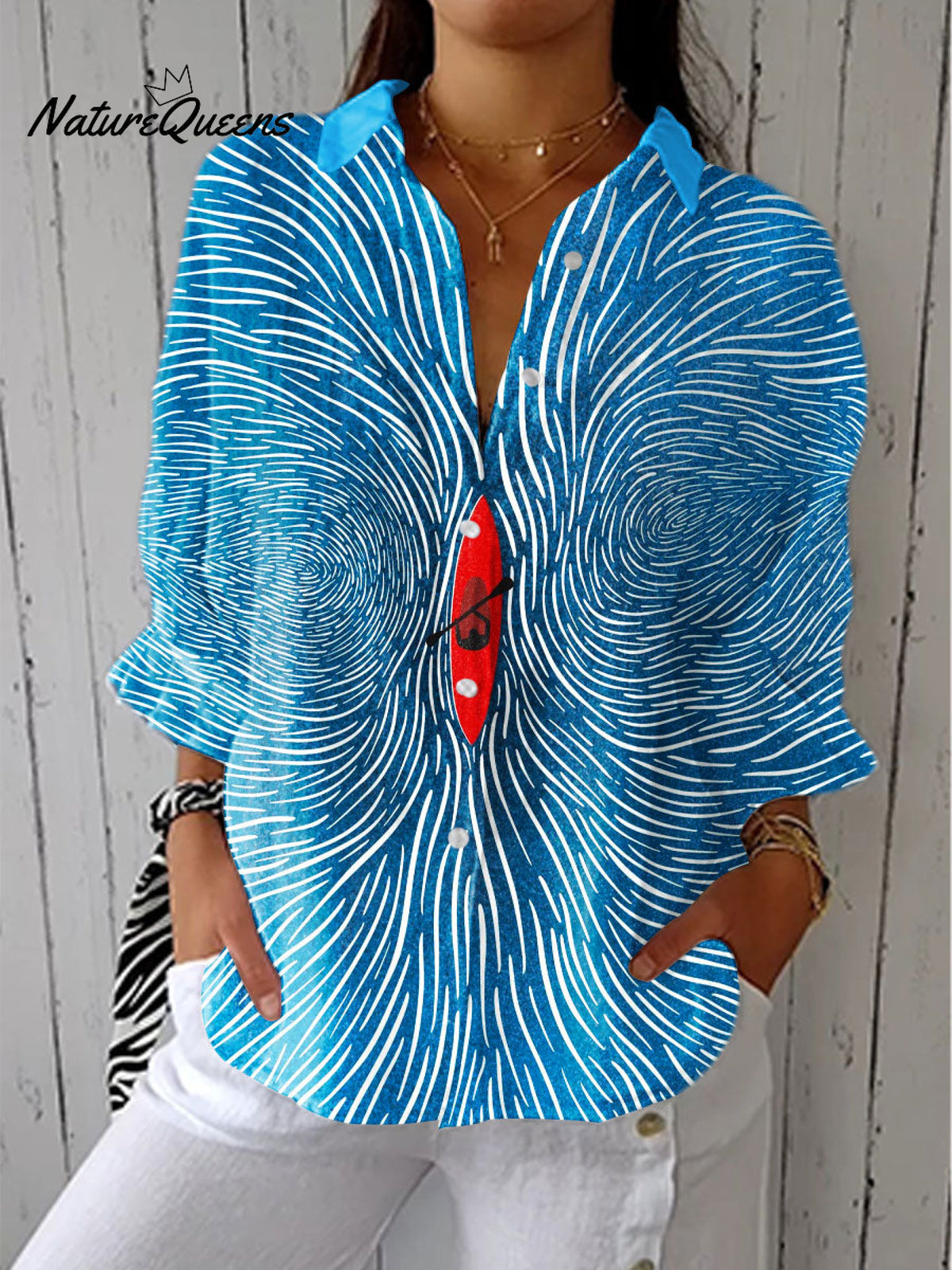 Women's Abstract Upstream Yacht Art Print Casual Linen V-neck Shirt