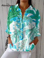 Women's Vintage Tropical Botanical Art Print Casual Linen V-neck Shirt