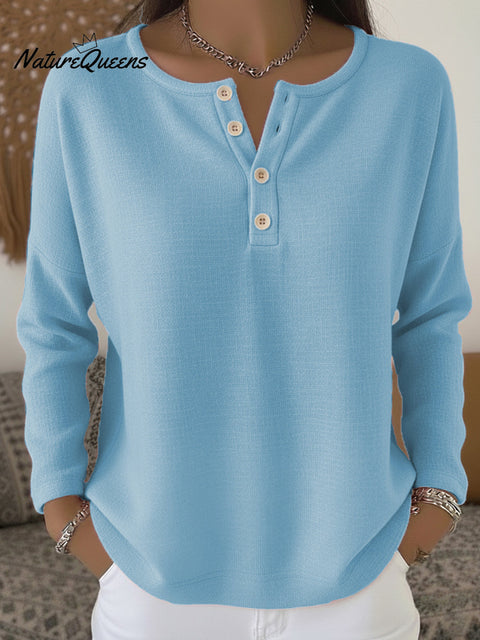 Women's Solid Color Henley Collar Button-down Cotton and Linen Top