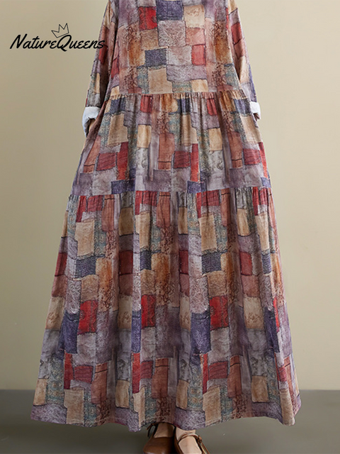 Women's Loose Plaid Splicing Printed Cotton Dress
