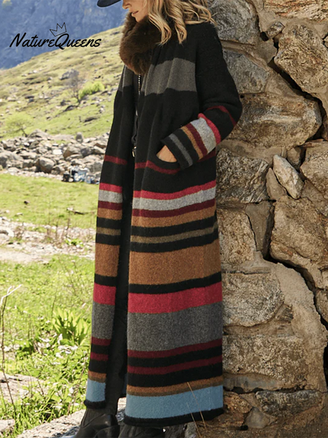Women's Retro Colorful Striped Wool Cardigan Coat
