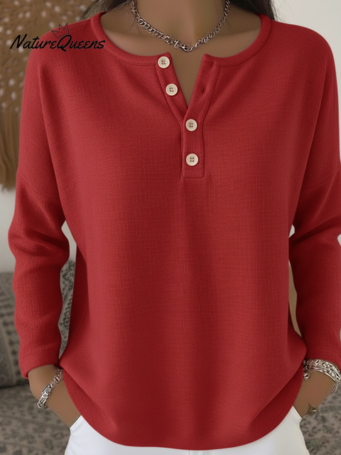 Women's Solid Color Henley Collar Button-down Cotton and Linen Top