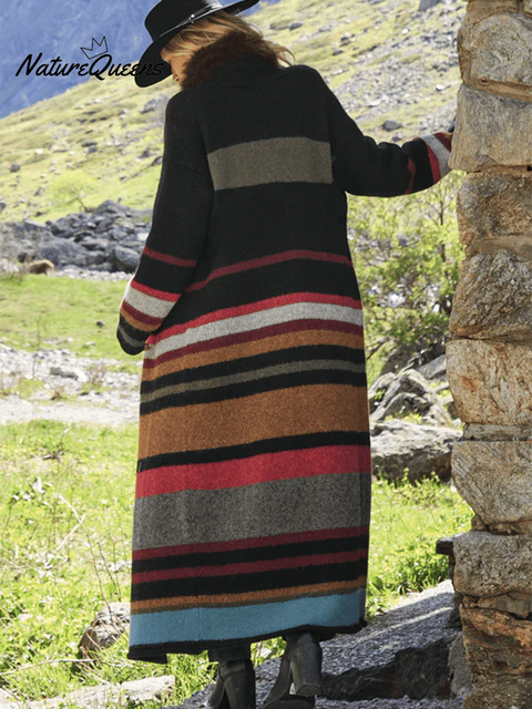 Women's Retro Colorful Striped Wool Cardigan Coat