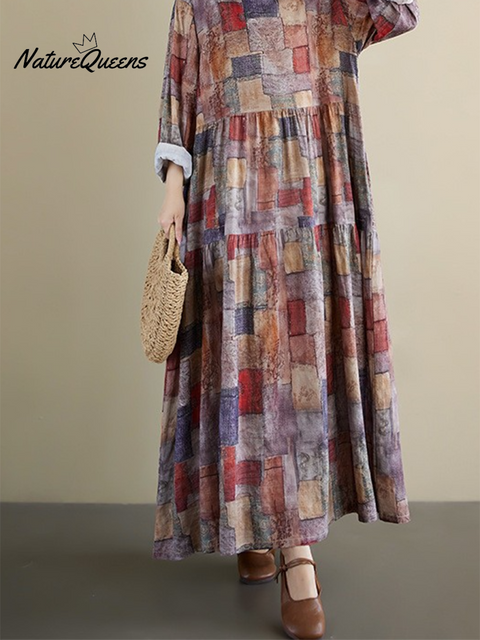 Women's Loose Plaid Splicing Printed Cotton Dress