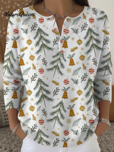 Women's Retro Christmas Bell and Leaf Print Button Sweater