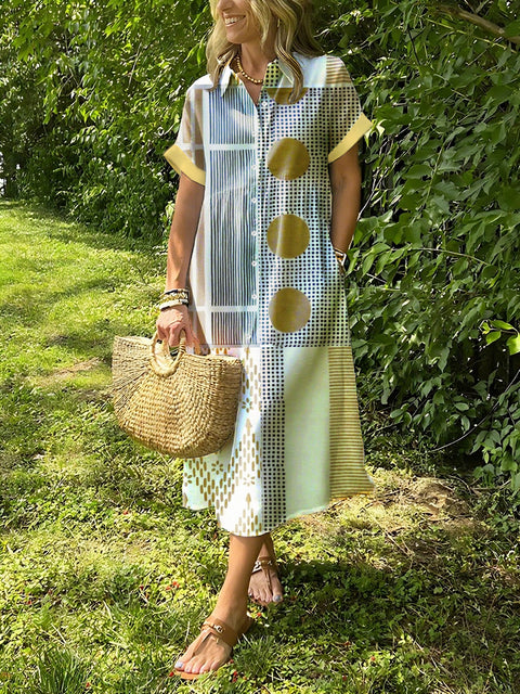 Geometric Printed Lapel Button Up Dress