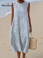 Women's Vintage Striped Printed Cotton and Linen Dress