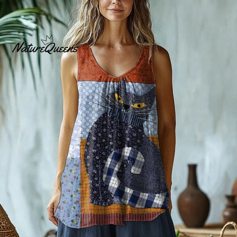 Cute Cat Patchwork Artistic Linen Blend Tank Top