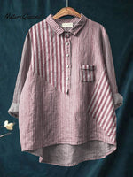 Women's Casual Cotton And Linen Striped Long-Sleeved Shirt