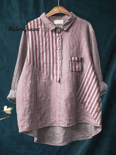 Women's Casual Cotton And Linen Striped Long-Sleeved Shirt