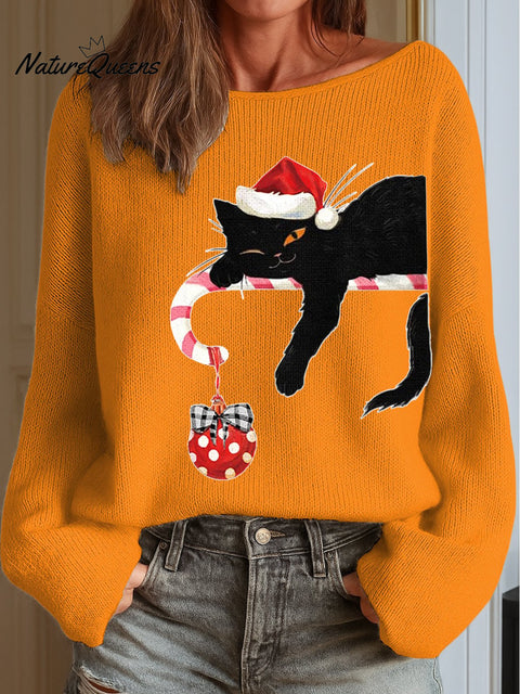 Women's Christmas Cat Print Knit Top