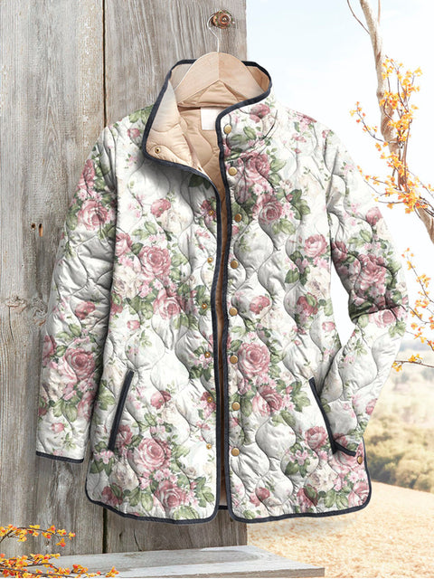 Women's Fresh Pink Roses Print Casual Quilted Cardigan