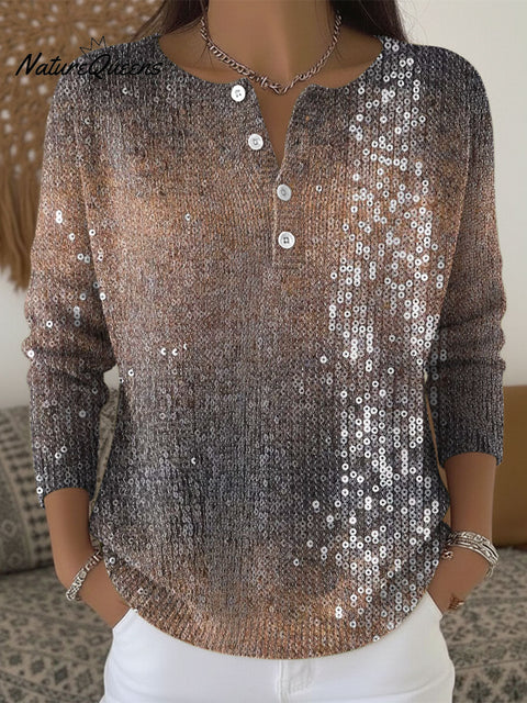 Gradient Sequins Print Buttoned Cardigan Sweater