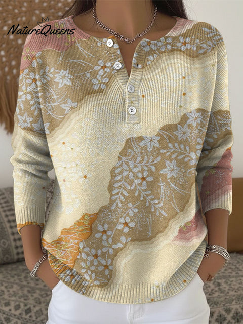 Retro Patchwork Pattern Art Print Buttoned Cardigan Sweater