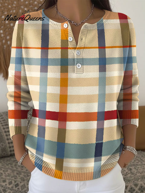 Retro Colorful Cross-striped Art Print Buttoned Cardigan Sweater