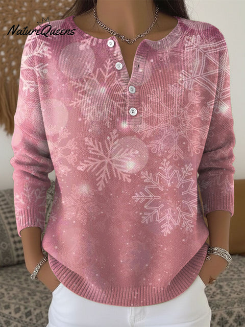 Retro Pink Snowflake Art Print Buttoned Cardigan Sweater