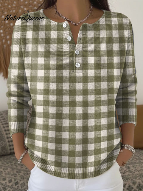 Retro Retro Green Plaid Print Buttoned Cardigan Sweater