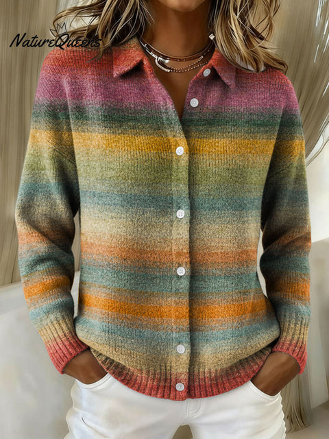 Women's Gradient Retro Horizontal Stripes Print Lapel Knit Sweater