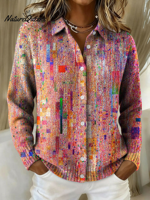 Women's Artistic Abstract Mottled Spots Print Lapel Knit Sweater