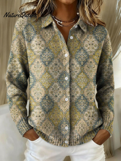 Women's Artistic Green Diamond Pattern Print Lapel Knit Sweater