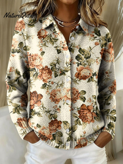 Women's Artistic Retro Floral Pattern Print Lapel Knit Sweater