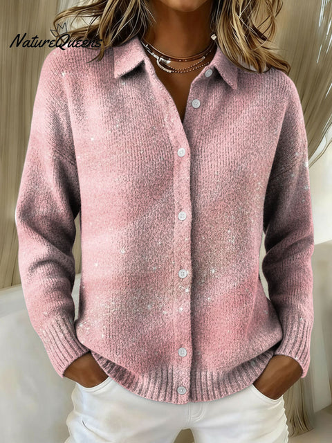 Women's Artistic Pink Print Lapel Knit Sweater