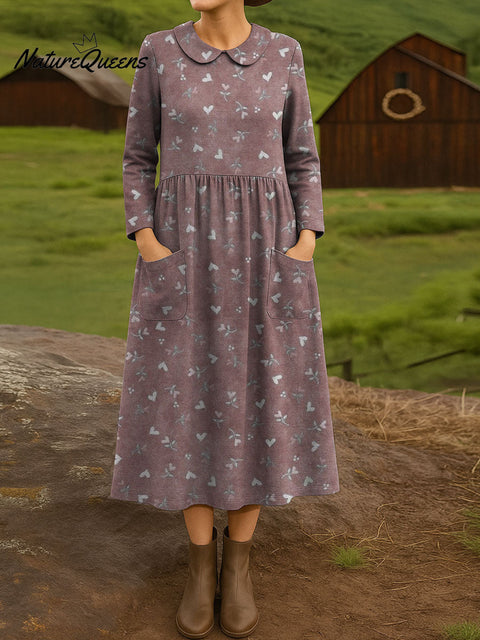 Women's Retro Purple Little Flower Print Cotton Lapel Button-Down Shirt Dress