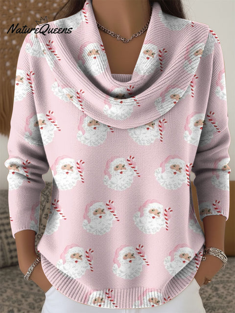 Women's Retro Pink Santa Claus Print Cowl Neck Sweater