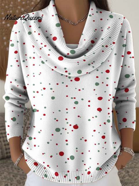 Women's Red and Green Christmas Dots Print Cowl Neck Sweater