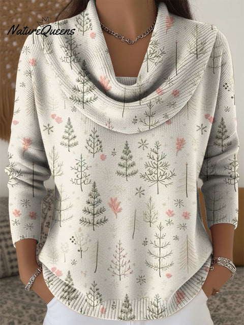 Women's Minimalist Christmas Tree Print Cowl Neck Sweater