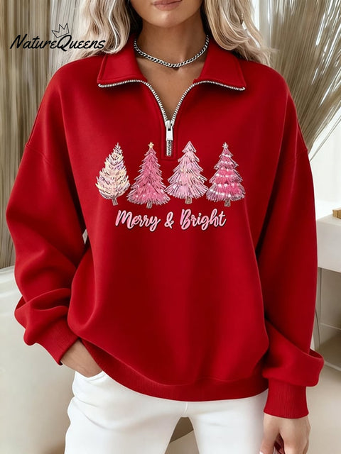 Women'S “Merry & Brightâ€?Print Casual Long Sleeve Zip Sweatshirt