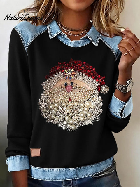 Women's Santa Head Printed Comfortable Denim Patchwork Sweatshirt