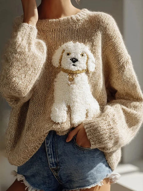 Women's Fuzzy Golden Retriever Dog Felt Print Cozy Knit Sweater