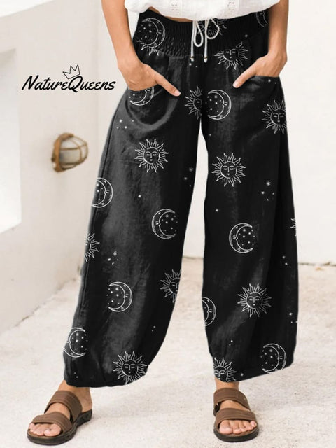 Astrology Sun And Moon Pattern Printed Women's Cotton Wide Leg Pant