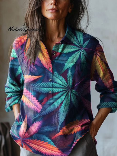 Multicolor Maple Tree Leaf Pattern Printed Women's Casual Cotton And Linen Shirt