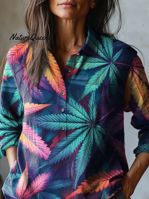 Multicolor Maple Tree Leaf Pattern Printed Women's Casual Cotton And Linen Shirt