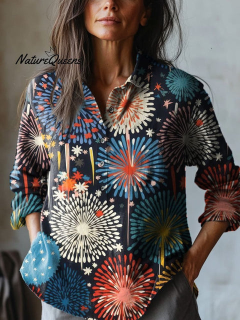 Oil Painting Firework Pattern Printed Women's Casual Cotton And Linen Shirt