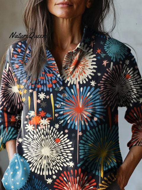 Oil Painting Firework Pattern Printed Women's Casual Cotton And Linen Shirt