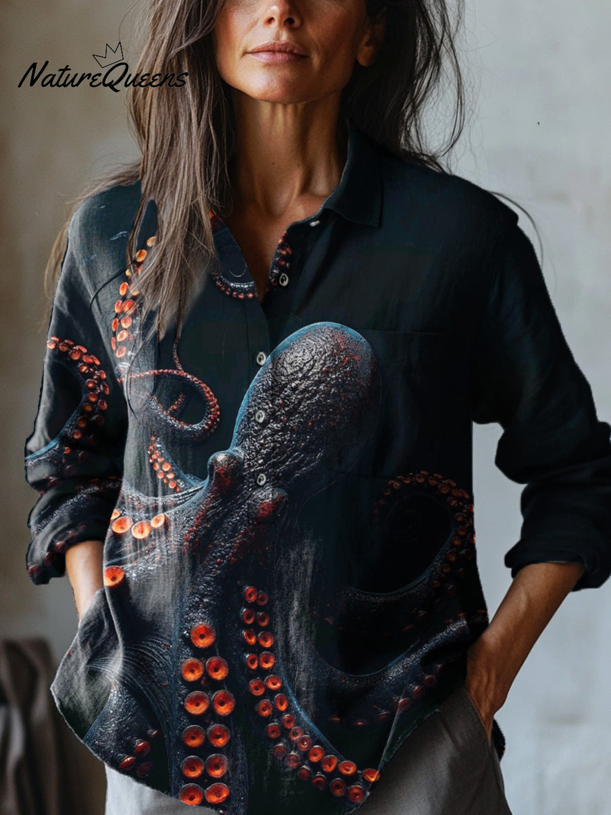 Dark Octopus Art Printed Women's Casual Cotton And Linen Shirt