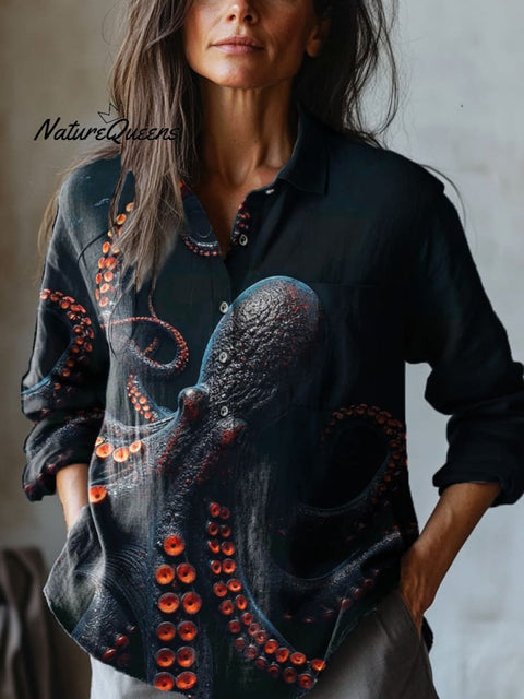 Dark Octopus Art Printed Women's Casual Cotton And Linen Shirt