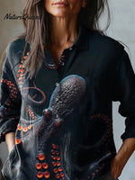 Dark Octopus Art Printed Women's Casual Cotton And Linen Shirt