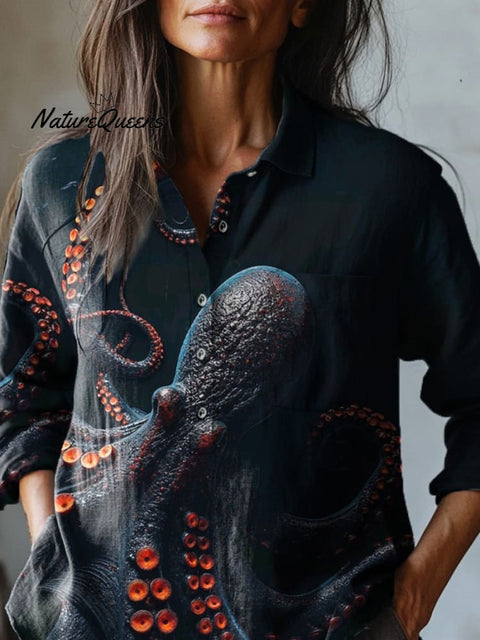 Dark Octopus Art Printed Women's Casual Cotton And Linen Shirt