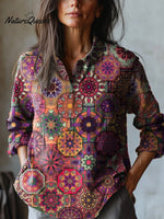 Ethnic Style Mandala Pattern Printed Women's Casual Cotton And Linen Shirt