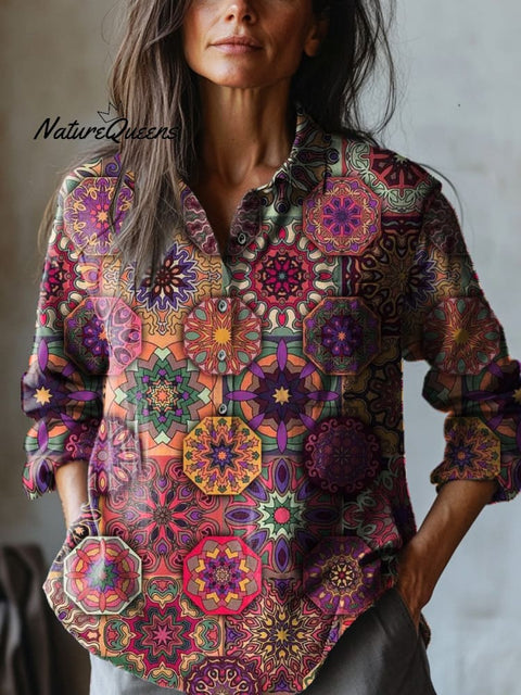 Ethnic Style Mandala Pattern Printed Women's Casual Cotton And Linen Shirt