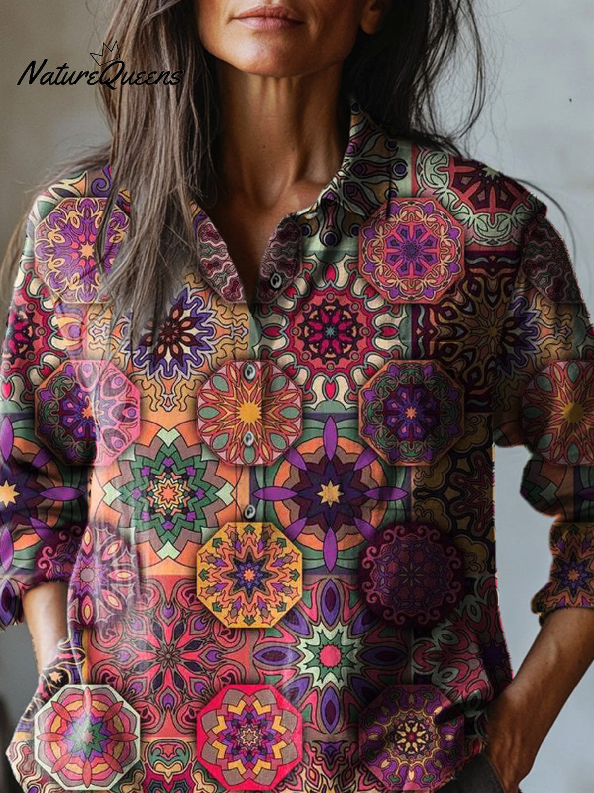 Ethnic Style Mandala Pattern Printed Women's Casual Cotton And Linen Shirt