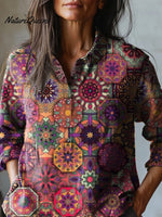 Ethnic Style Mandala Pattern Printed Women's Casual Cotton And Linen Shirt