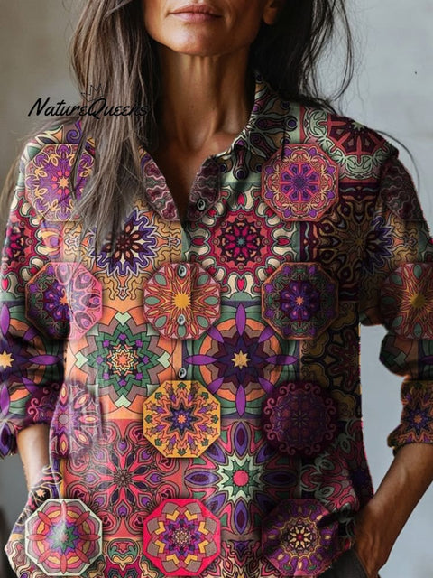 Ethnic Style Mandala Pattern Printed Women's Casual Cotton And Linen Shirt