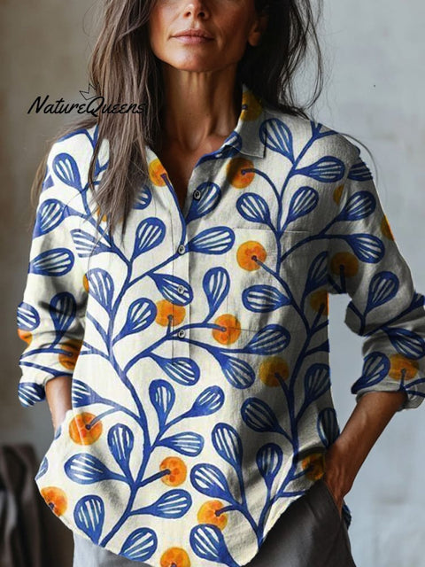 Spring Orange Tree Pattern Printed Women's Casual Cotton And Linen Shirt